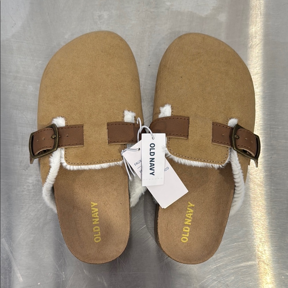 Old Navy Tan and Brown Buckle Slippers